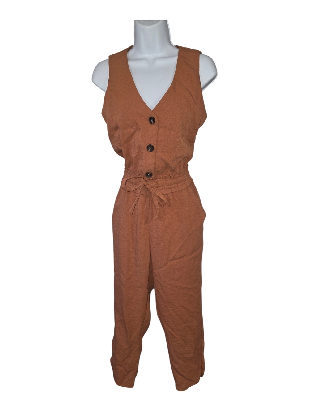 Stevie Hender Terracotta Casual Button-Front Sleeveless Jumpsuit Small - Picture 2 of 3